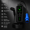 Electric vehicle charger with display panel and plug, plus a left-side feature list (7kW, adjustable current, IP65, Wi‑Fi, warranty).