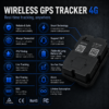 Promotional infographic for a Wireless GPS Tracker 4G showing features like reliable safety, smart tech, 24/7 support, live tracking and geo-fencing with a black device on the right side.